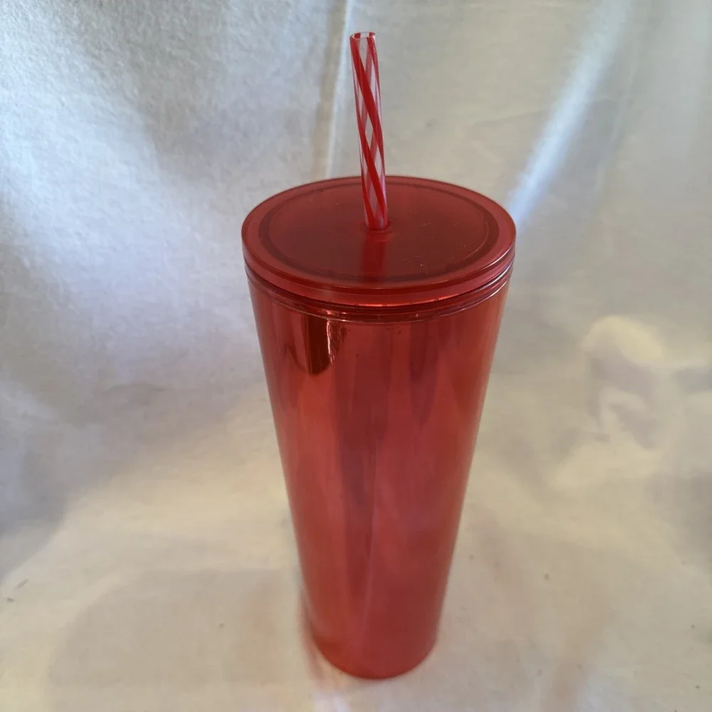 Starbucks Venti 24oz Cup‎ Tumbler Shiny Ruby Red Pink With Chrome Finish